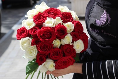 Красные - белые  розы 31 Шт#R1693